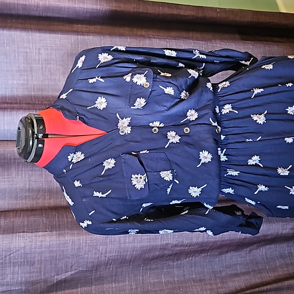Angie Dark Blue Foral Print Roll Sleeves - Picture 2 of 7
